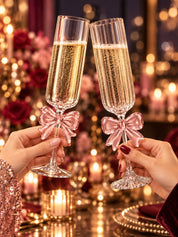 Blush Bow Champagne Flutes Set of 2, Whimsical Pink Glassware for Wedding, Anniversary Dinners Tables -Champagne Flutes- Blush Bow Champagne Flutes - INSPECIAL HOME