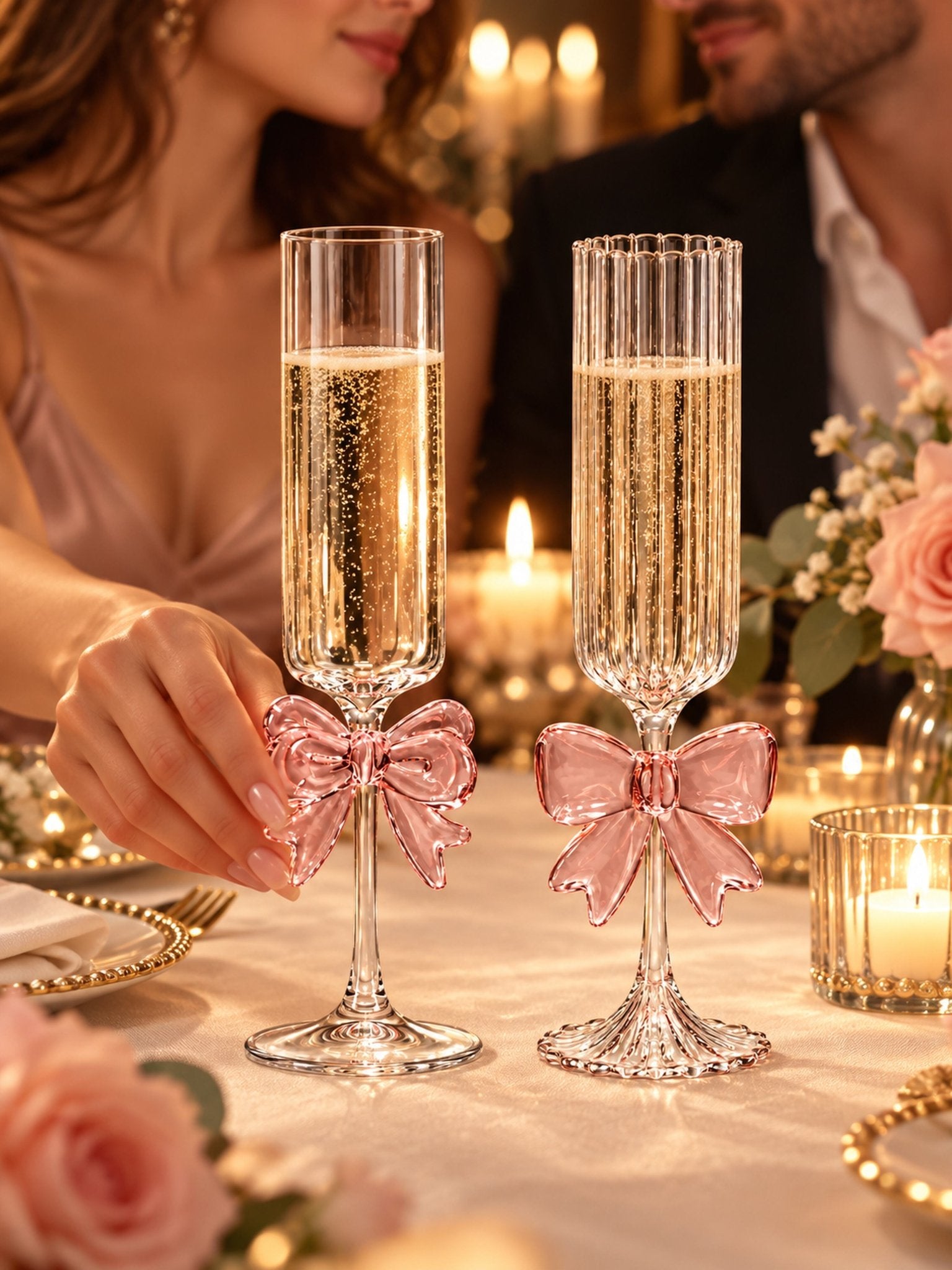 Blush Bow Champagne Flutes Set of 2, Whimsical Pink Glassware for Wedding, Anniversary Dinners Tables -Champagne Flutes- Blush Bow Champagne Flutes - INSPECIAL HOME