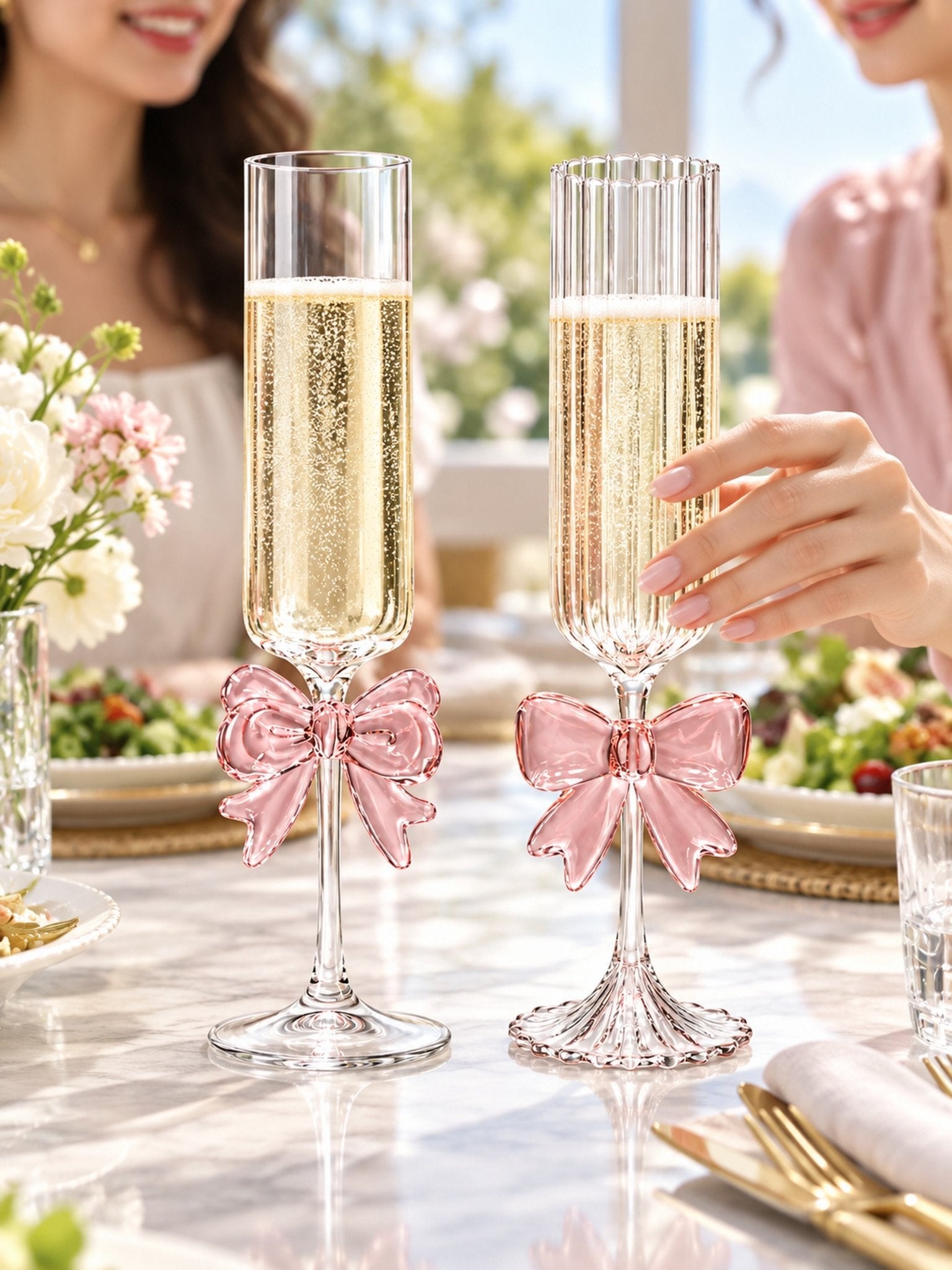 Blush Bow Champagne Flutes Set of 2, Whimsical Pink Glassware for Wedding, Anniversary Dinners Tables -Champagne Flutes- Blush Bow Champagne Flutes - INSPECIAL HOME