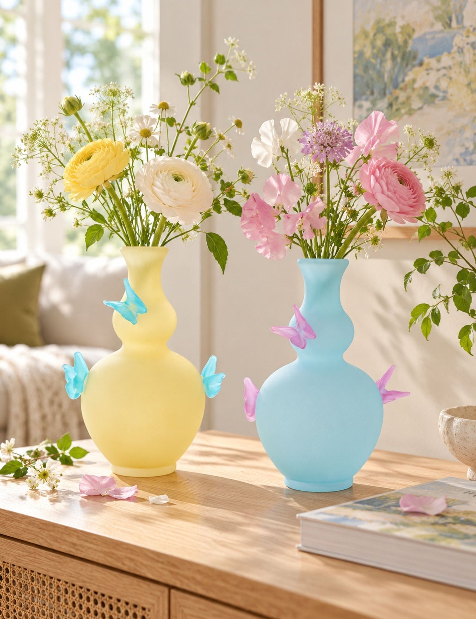 Butterfly Glass Flower Vase, Pastel Colored Sculptural Decorative Accent for Whimsical Modern Home Decor, Living Room Side Tables, Bedroom Nightstands, Entryway Consoles and Bookshelves -Vases- Butterfly Dreams Glass Flower Vase-Yellow - Inspecial Home