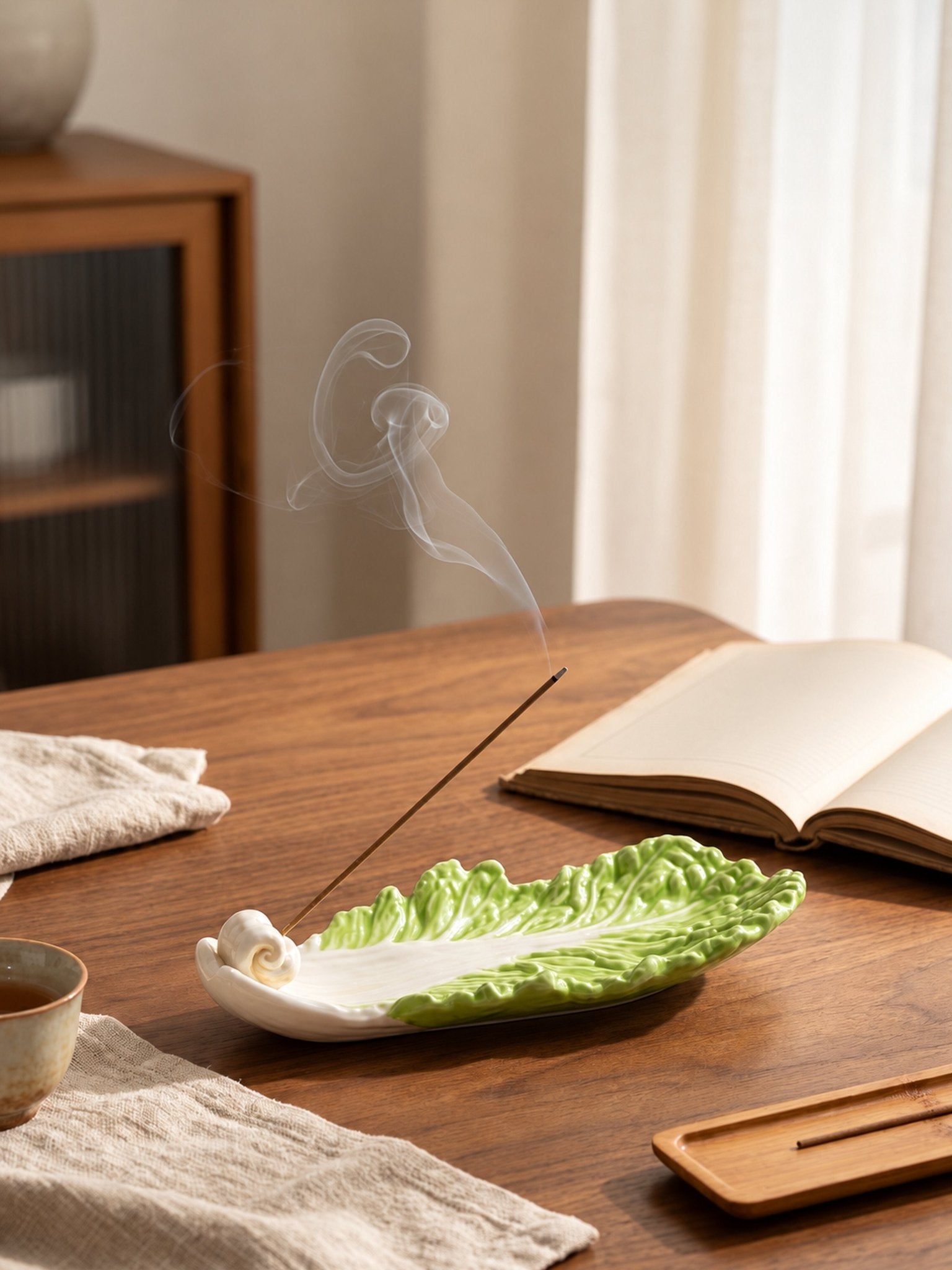 Ceramic Cabbage Incense Stick Holder with Ash Catcher, Whimsical Decor for Living Room Shelves -Holder- Garden Leaf Ceramic Incense Stick Holder - INSPECIAL HOME