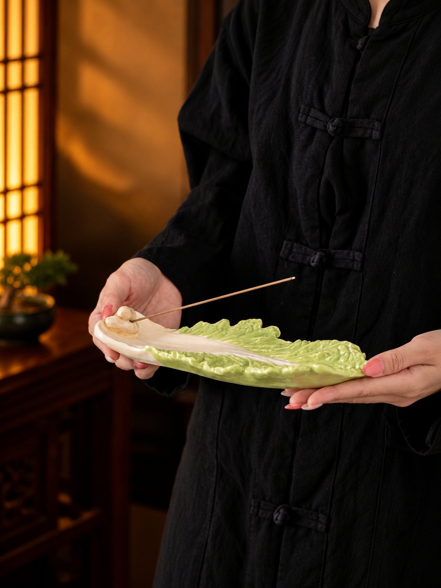 Ceramic Cabbage Incense Stick Holder with Ash Catcher, Whimsical Decor for Living Room Shelves -Holder- Garden Leaf Ceramic Incense Stick Holder - INSPECIAL HOME