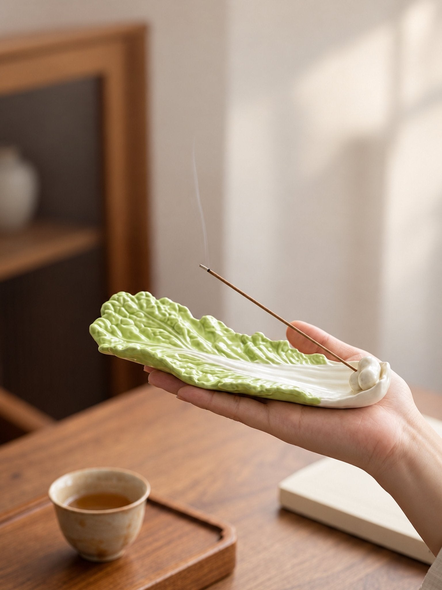 Ceramic Cabbage Incense Stick Holder with Ash Catcher, Whimsical Decor for Living Room Shelves -Holder- Garden Leaf Ceramic Incense Stick Holder - INSPECIAL HOME