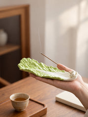 Ceramic Cabbage Incense Stick Holder with Ash Catcher, Whimsical Decor for Living Room Shelves -Holder- Garden Leaf Ceramic Incense Stick Holder - INSPECIAL HOME