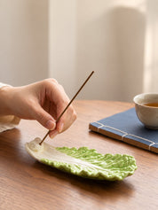 Ceramic Cabbage Incense Stick Holder with Ash Catcher, Whimsical Decor for Living Room Shelves -Holder- Garden Leaf Ceramic Incense Stick Holder - INSPECIAL HOME