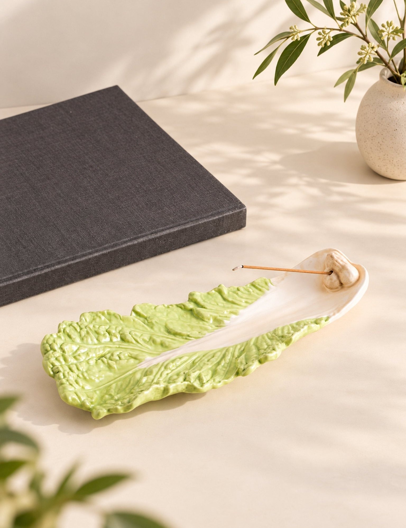 Ceramic Cabbage Incense Stick Holder with Ash Catcher, Whimsical Decor for Living Room Shelves -Holder- Garden Leaf Ceramic Incense Stick Holder - INSPECIAL HOME