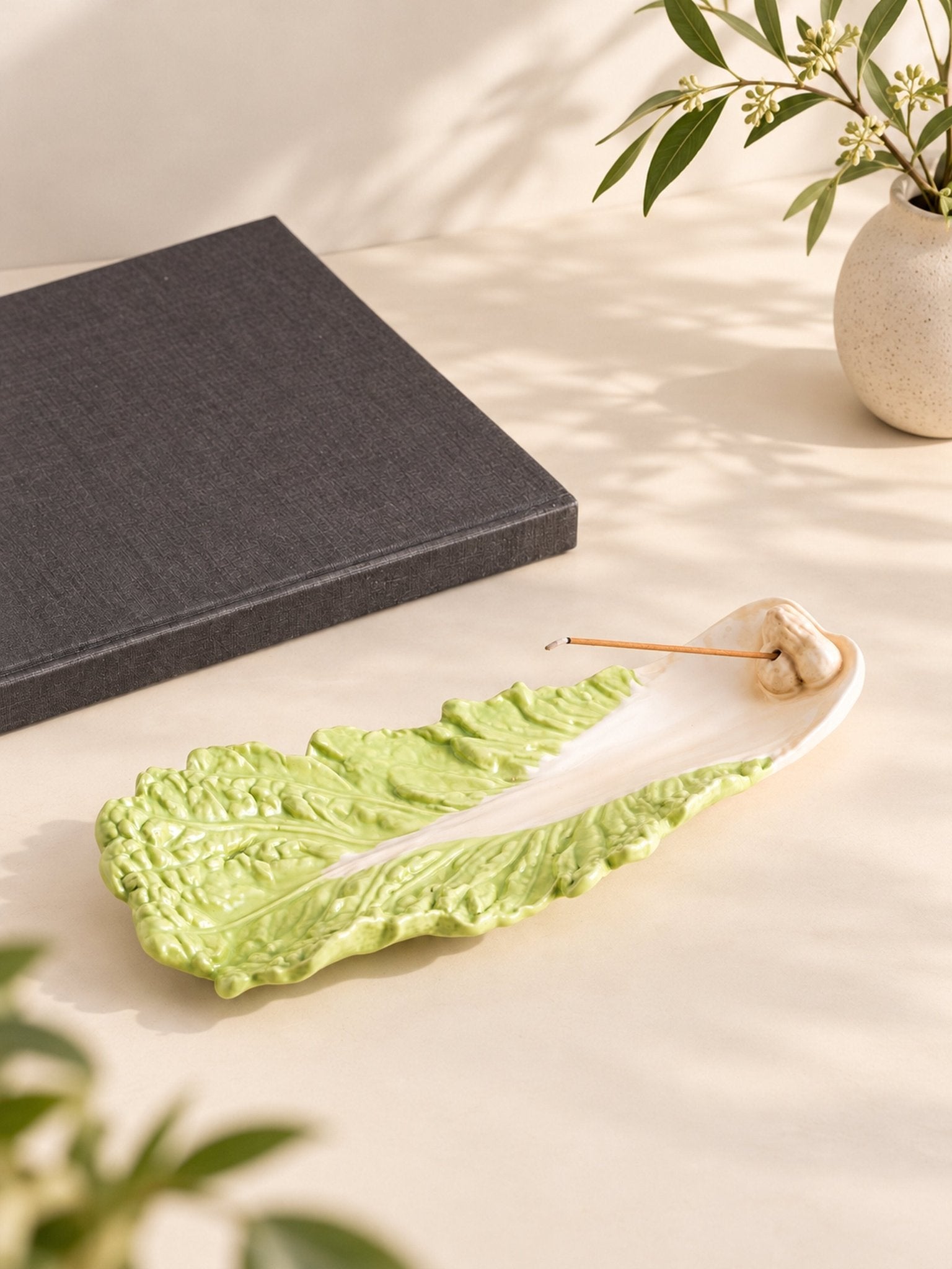 Ceramic Cabbage Incense Stick Holder with Ash Catcher, Whimsical Decor for Living Room Shelves -Holder- Garden Leaf Ceramic Incense Stick Holder - INSPECIAL HOME