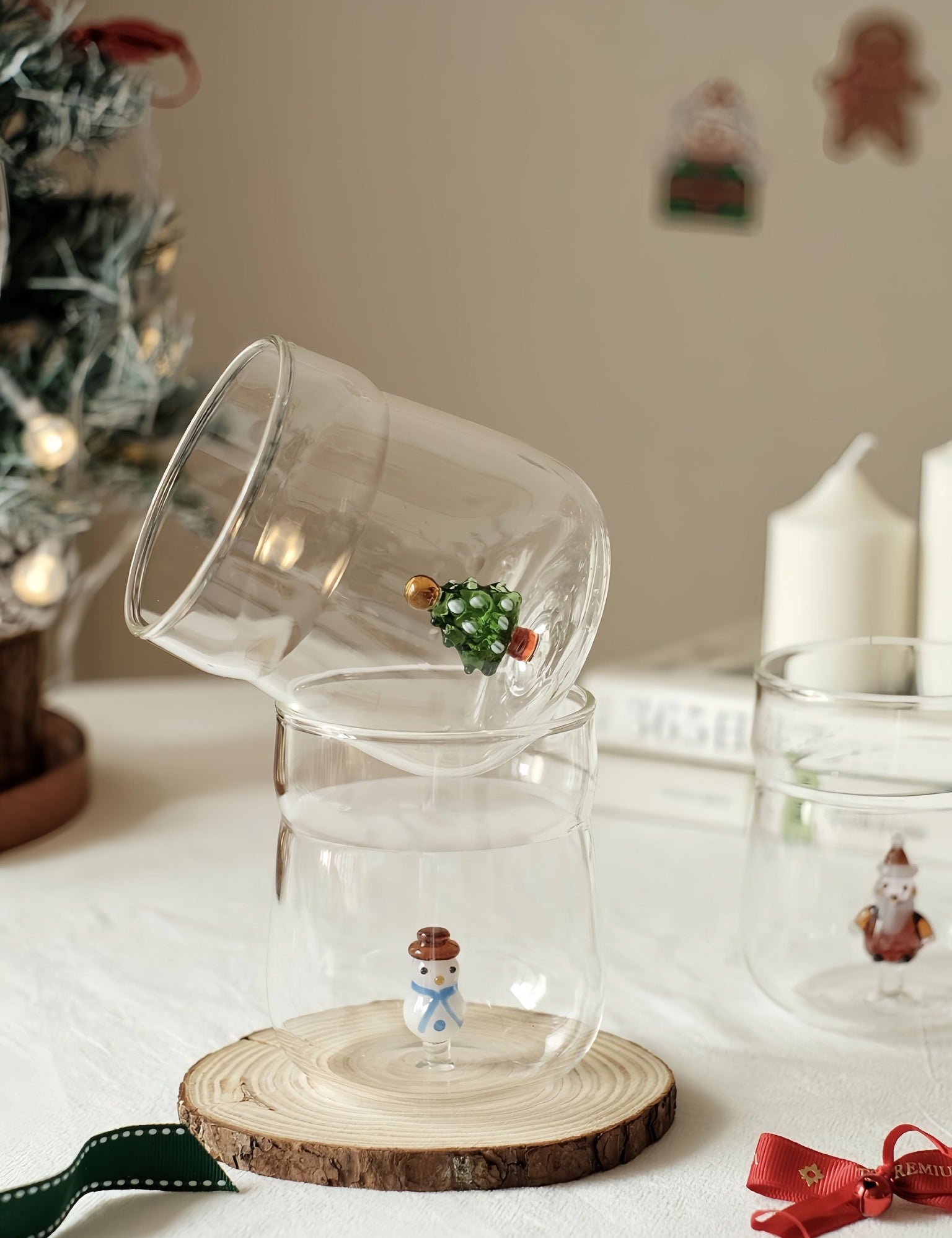 Christmas Cheer Glass Tumblers, Whimsical Santa Xmas Tree Cups for Holiday Table Settings -Tumblers- Christmas Glass Tumblers -Christmas Tree - INSPECIAL HOME