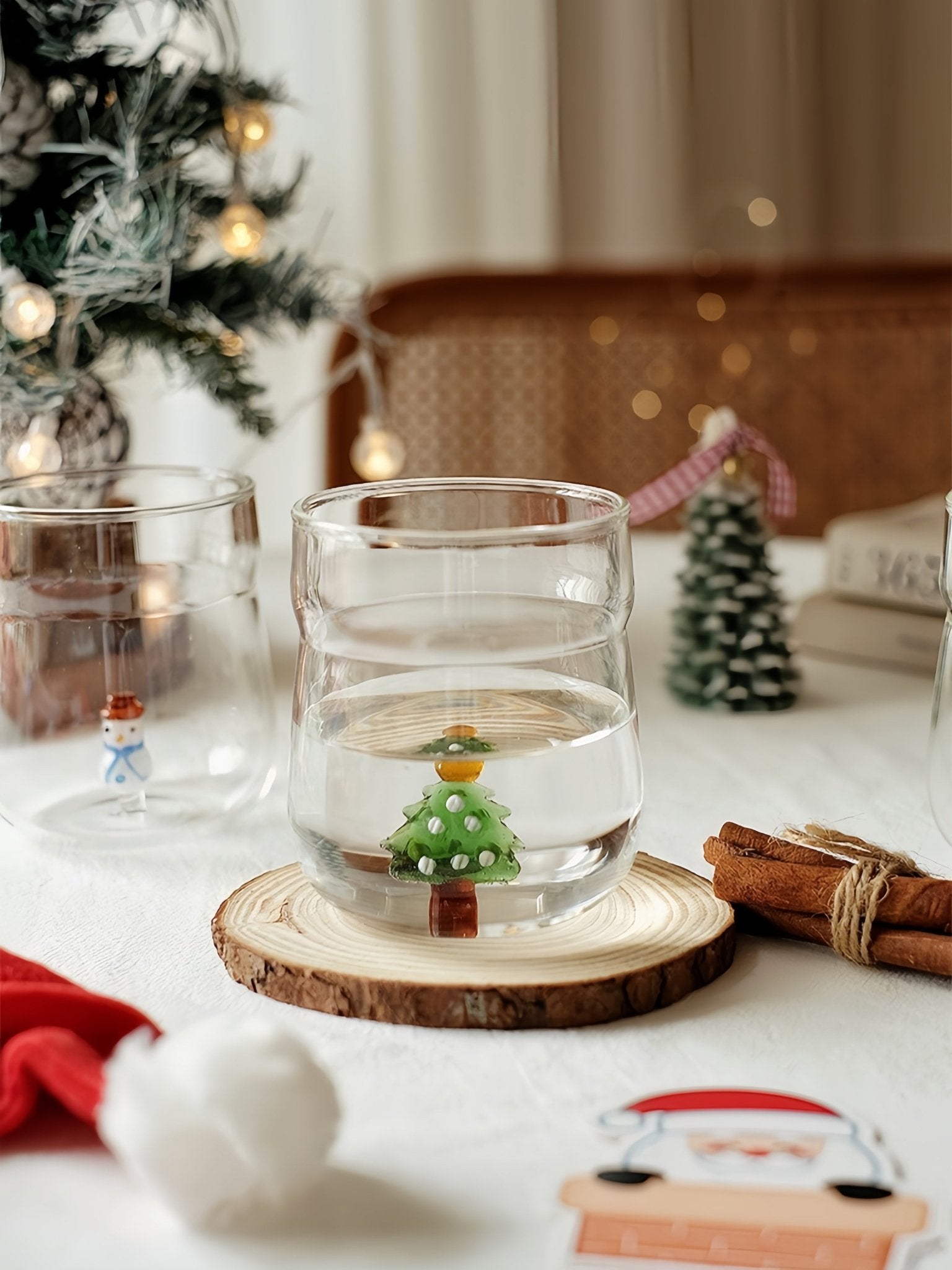 Christmas Cheer Glass Tumblers, Whimsical Santa Xmas Tree Cups for Holiday Table Settings -Tumblers- Christmas Glass Tumblers -Christmas Tree - INSPECIAL HOME