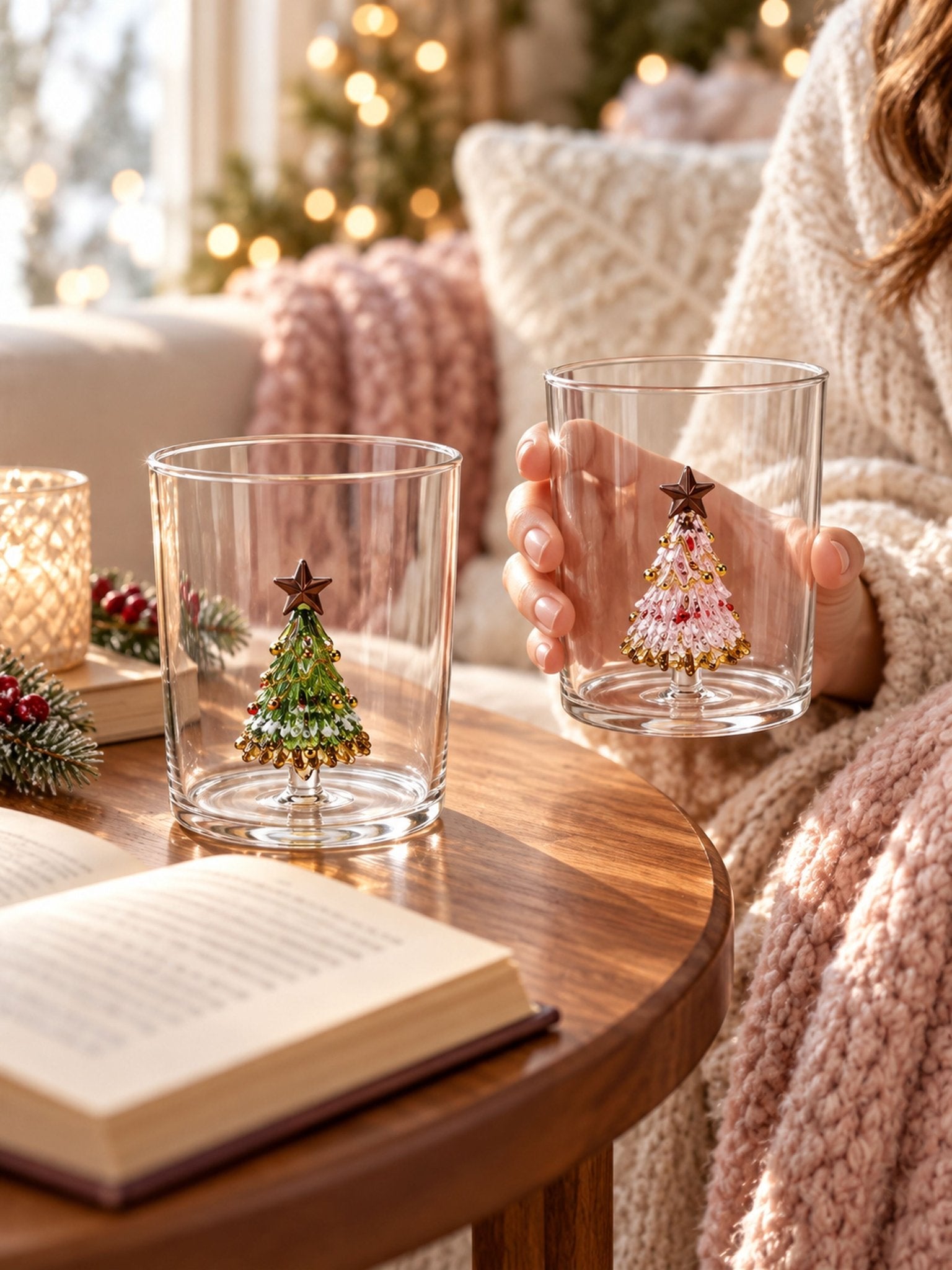 Christmas Tree Glass Tumblers Set of 2, Whimsical Glassware for Holiday Table Settings and Christmas Parties -Tumbler- Christmas Cheer Glass Tumblers Set of 2, Whimsical Pink and Green Tree Glassware for Holiday Table Settings and Christmas Parties - INSPECIAL HOME