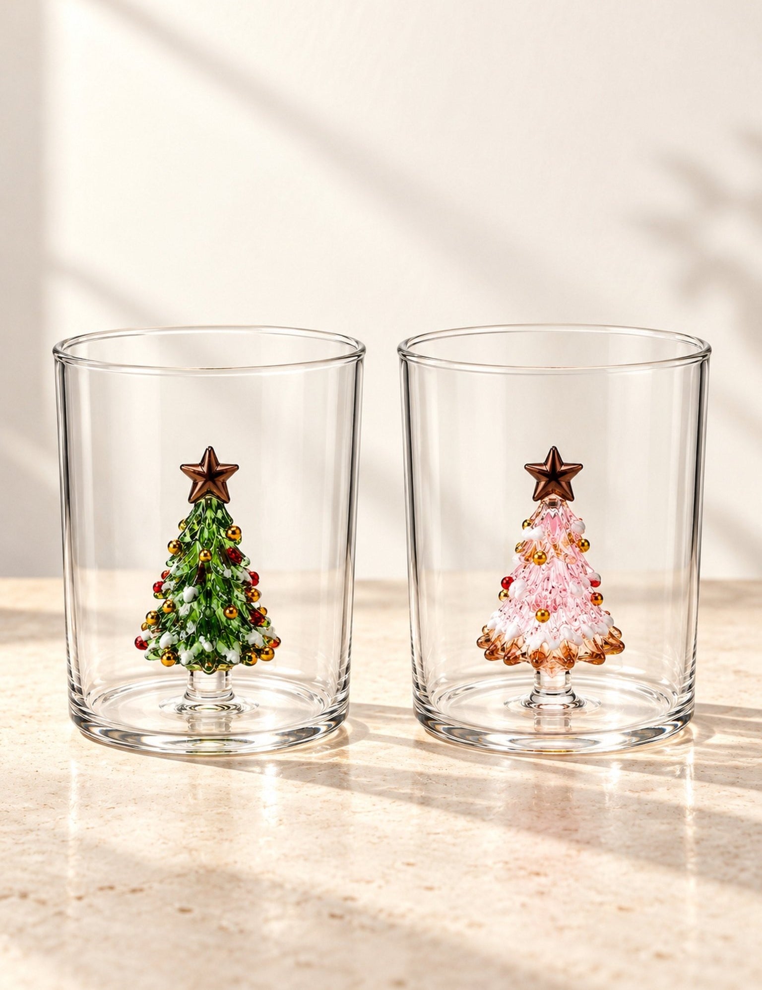 Christmas Tree Glass Tumblers Set of 2, Whimsical Glassware for Holiday Table Settings and Christmas Parties -Tumbler- Christmas Cheer Glass Tumblers Set of 2, Whimsical Pink and Green Tree Glassware for Holiday Table Settings and Christmas Parties - INSPECIAL HOME