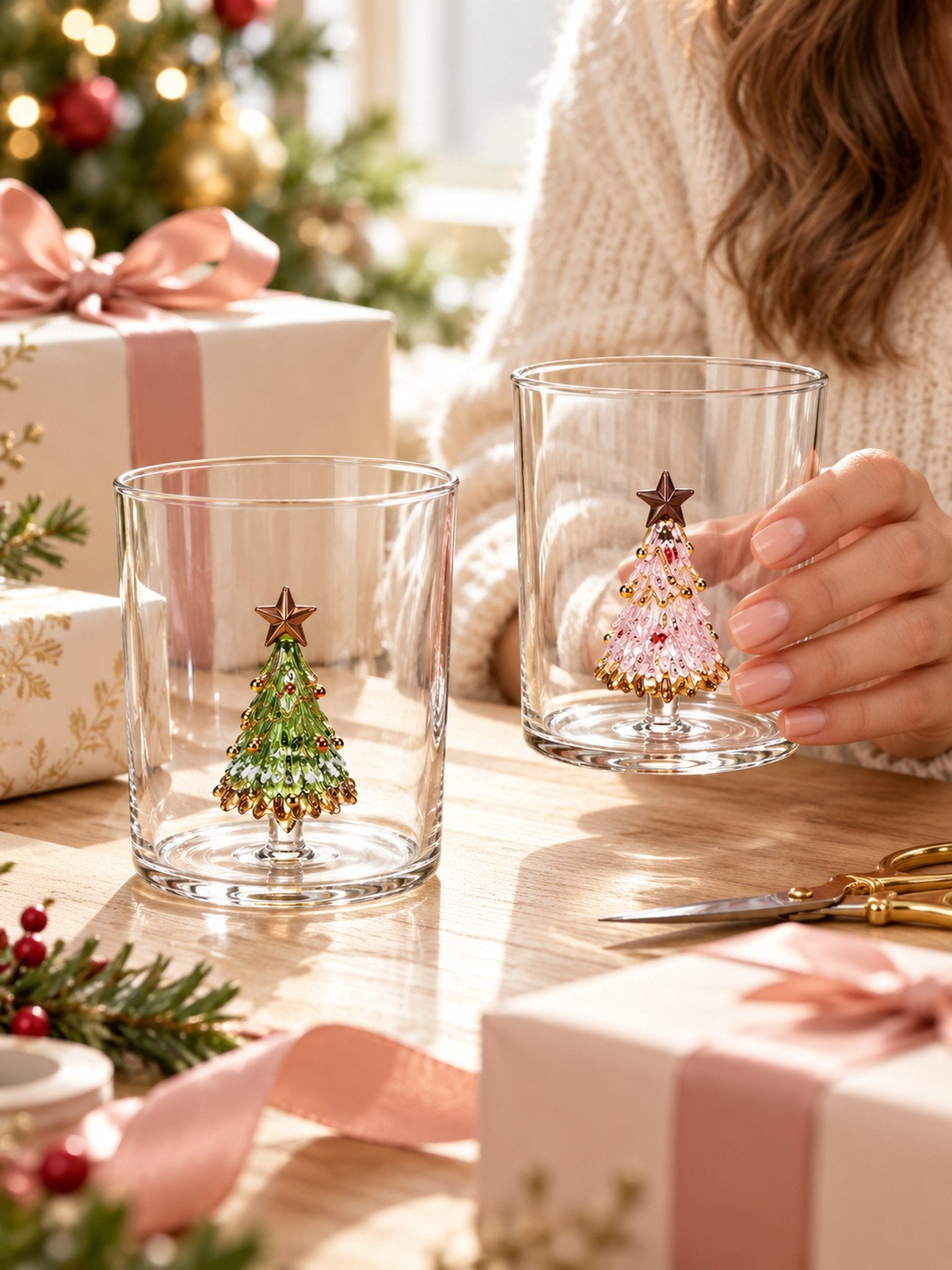 Christmas Tree Glass Tumblers Set of 2, Whimsical Glassware for Holiday Table Settings and Christmas Parties -Tumbler- Christmas Cheer Glass Tumblers Set of 2, Whimsical Pink and Green Tree Glassware for Holiday Table Settings and Christmas Parties - INSPECIAL HOME