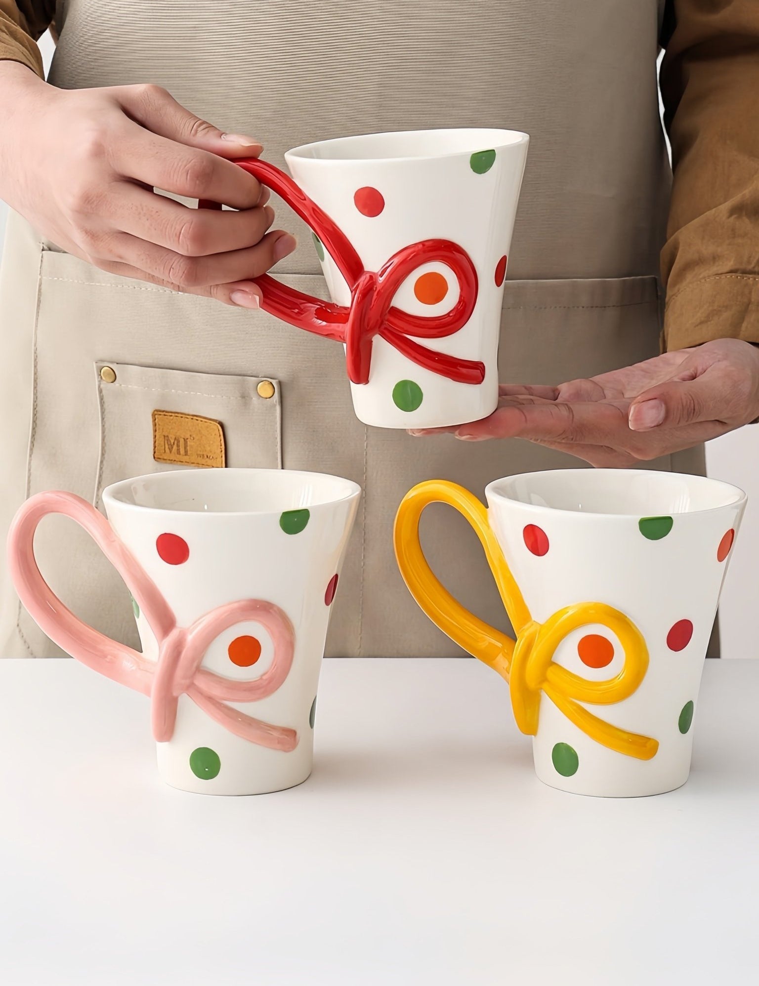 Confetti Ceramic Mug, Playful Whimsical Polka Dot Coffee Tea Cup for Home & Office -Mugs- Bow Polka Dot Mug-Peach - INSPECIAL HOME