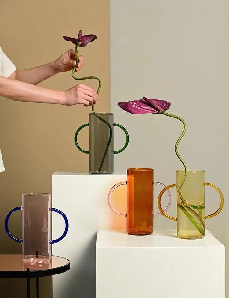 Dual - handle Dopamine Glass Flower Vase - Whimsical Table Setting Centerpiece - Dual-handle Dopamine Glass Flower Vase-Amber - INSPECIAL HOME