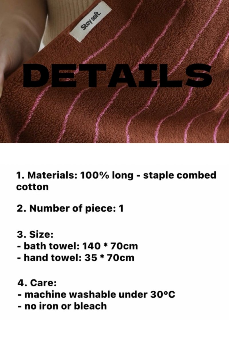 Earthy Tone Pinstripe Bath Towel — 100% Long - Staple Cotton, Soft, Plush & Absorbent - Modern Earthy - tone Pinstripe Towel - Coco Brown - Hand Towel - INSPECIAL HOME