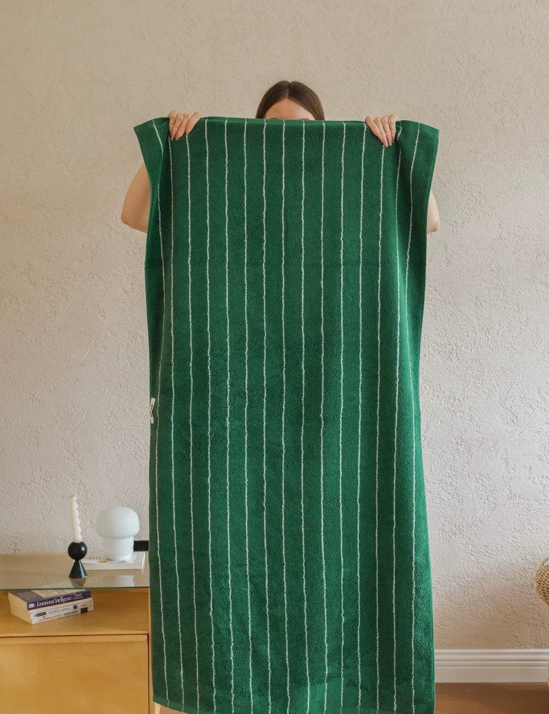 Earthy Tone Pinstripe Bath Towel — 100% Long - Staple Cotton, Soft, Plush & Absorbent - Modern Earthy - tone Pinstripe Towel - Green - Bath Towel - INSPECIAL HOME