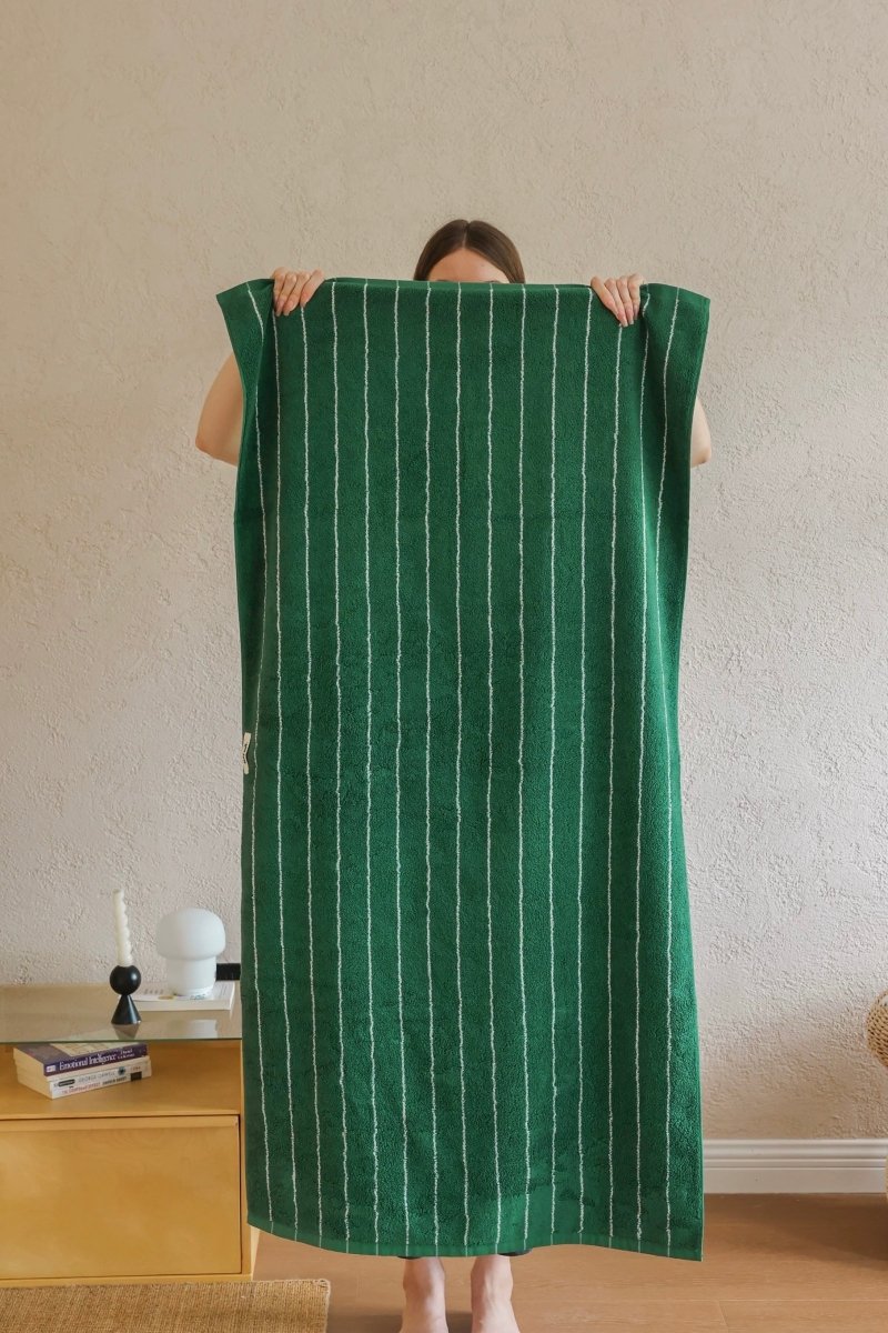 Earthy Tone Pinstripe Bath Towel — 100% Long - Staple Cotton, Soft, Plush & Absorbent - Modern Earthy - tone Pinstripe Towel - Green - Bath Towel - INSPECIAL HOME