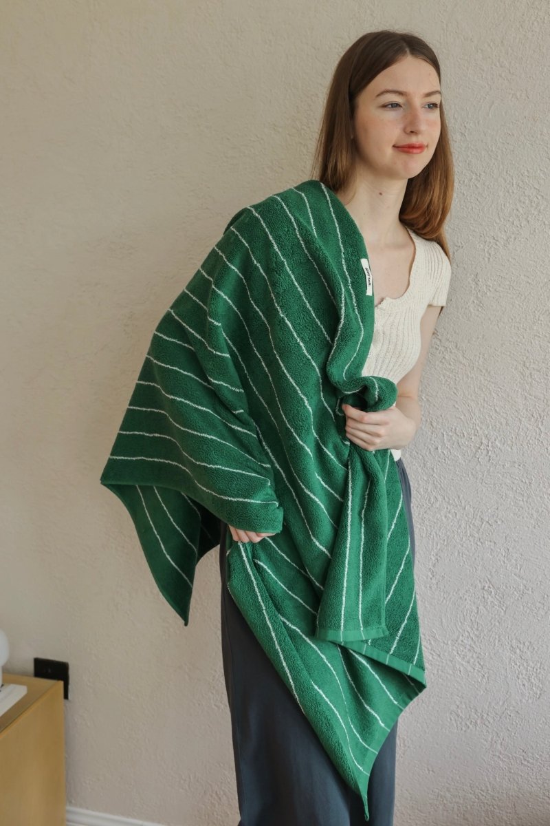 Earthy Tone Pinstripe Bath Towel — 100% Long - Staple Cotton, Soft, Plush & Absorbent - Modern Earthy - tone Pinstripe Towel - Green - Bath Towel - INSPECIAL HOME