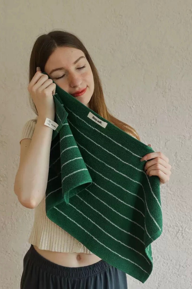 Earthy Tone Pinstripe Bath Towel — 100% Long - Staple Cotton, Soft, Plush & Absorbent - Modern Earthy - tone Pinstripe Towel - Green - Bath Towel - INSPECIAL HOME
