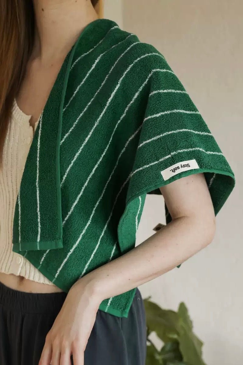 Earthy Tone Pinstripe Bath Towel — 100% Long - Staple Cotton, Soft, Plush & Absorbent - Modern Earthy - tone Pinstripe Towel - Green - Bath Towel - INSPECIAL HOME