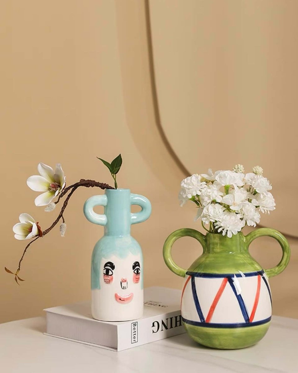 Hand - painted Whimsical Quirky Cute Dual - handle Vases - Quirky Cute Dual - handle Vases - Smiley Face - INSPECIAL HOME