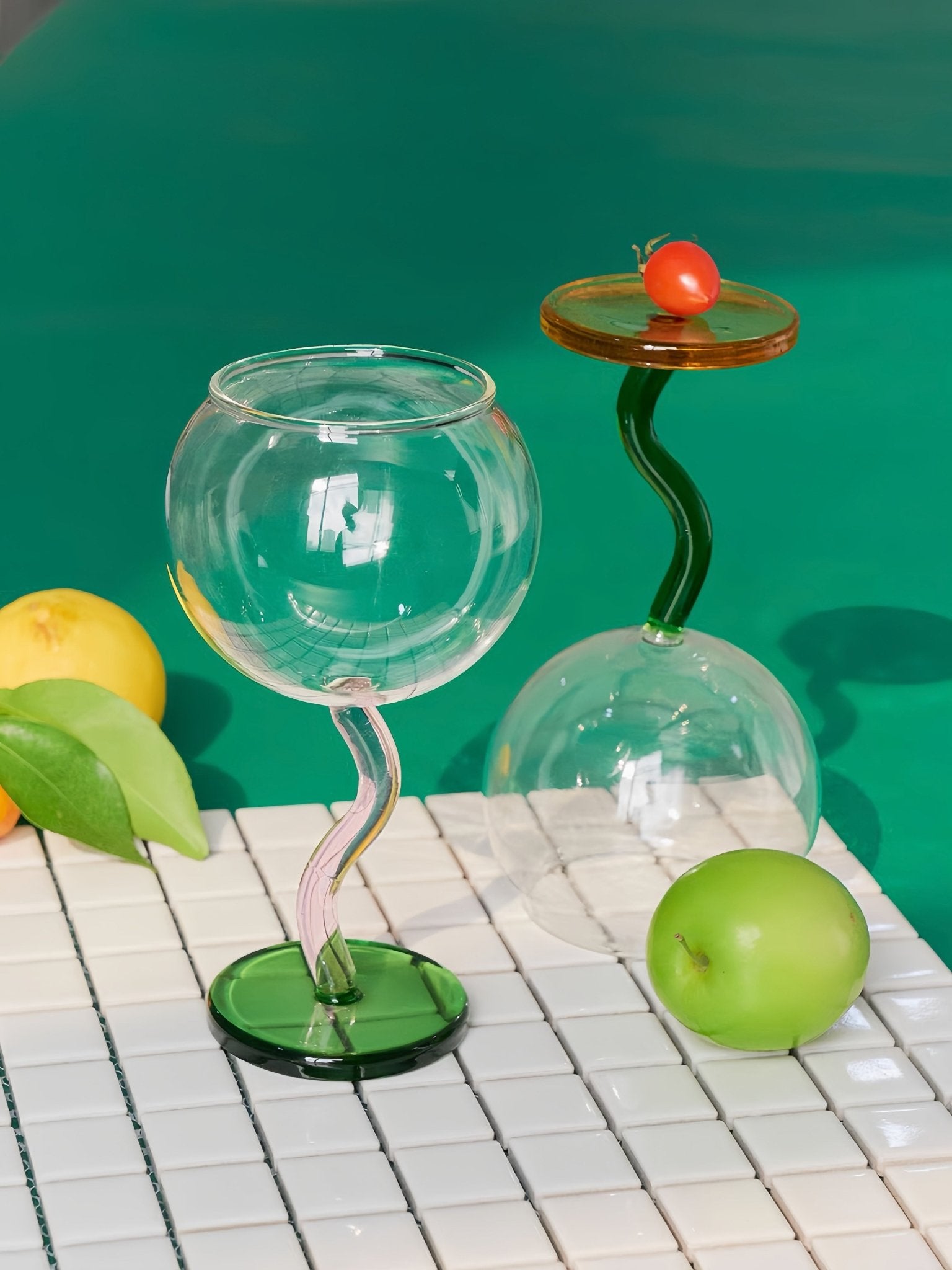 Handblown Bubble Wine Glass - Retro Whimsical Eclectic Wavy Stemmed Goblets - Stemware - Handblown Bubble Goblets - Strawberry - Inspecial Home