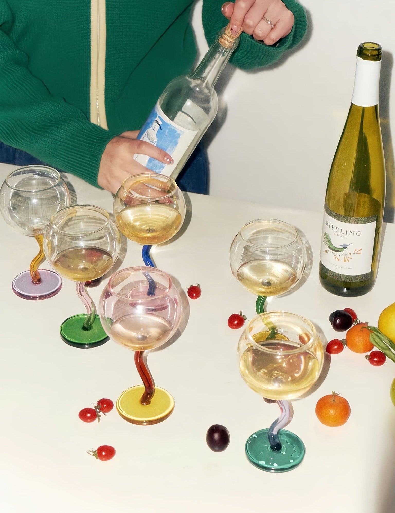 Handblown Bubble Wine Glass - Retro Whimsical Eclectic Wavy Stemmed Goblets - Stemware - Handblown Bubble Goblets - Strawberry - Inspecial Home