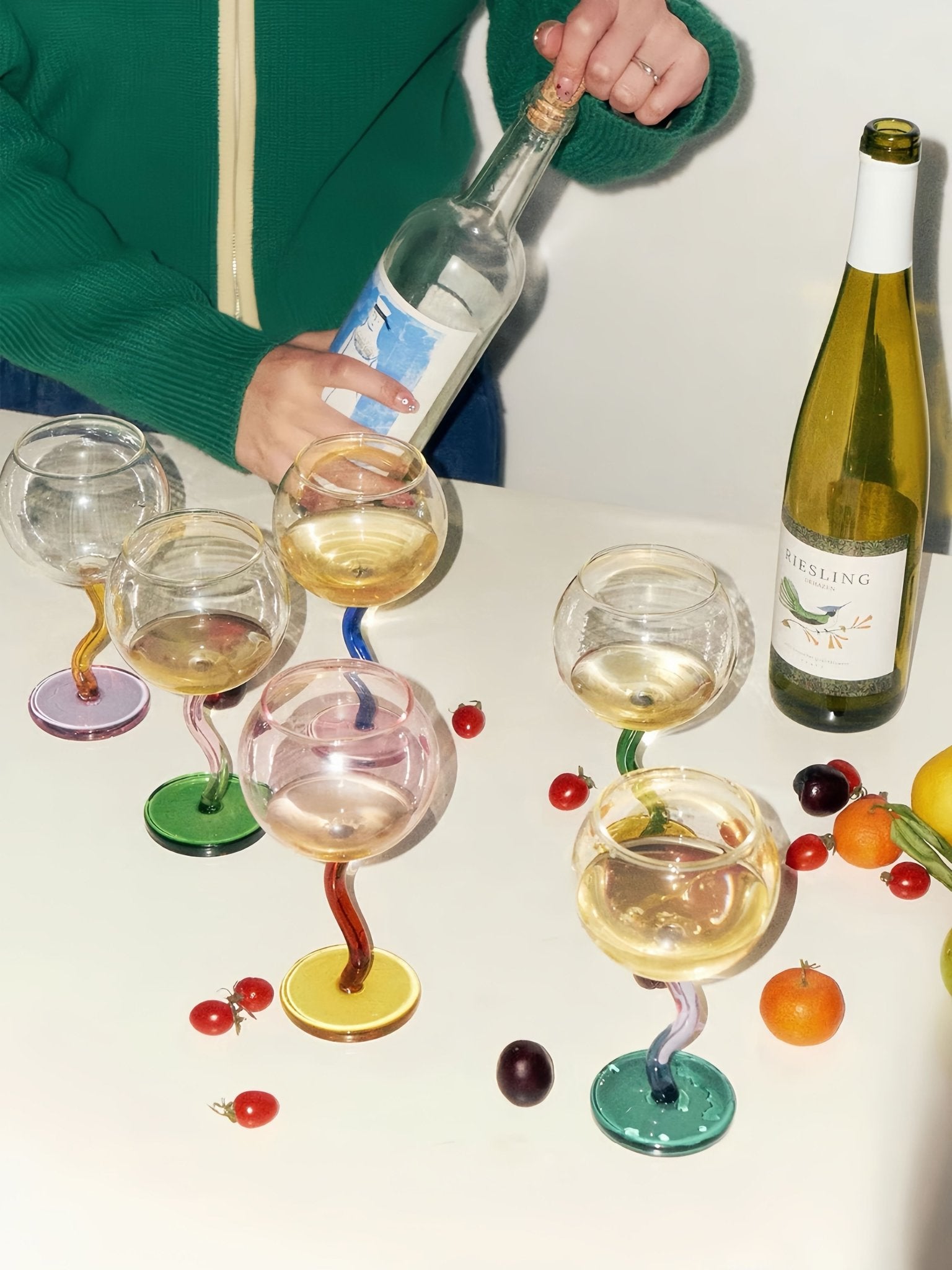 Handblown Bubble Wine Glass - Retro Whimsical Eclectic Wavy Stemmed Goblets - Stemware - Handblown Bubble Goblets - Strawberry - Inspecial Home