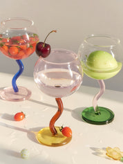 Handblown Bubble Wine Glass - Retro Whimsical Eclectic Wavy Stemmed Goblets - Stemware - Handblown Bubble Goblets - Strawberry - Inspecial Home