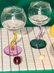 Handblown Bubble Wine Glass - Retro Whimsical Eclectic Wavy Stemmed Goblets - Stemware - Handblown Bubble Goblets - Strawberry - Inspecial Home
