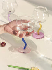 Handblown Bubble Wine Glass - Retro Whimsical Eclectic Wavy Stemmed Goblets - Stemware - Handblown Bubble Goblets - Strawberry - Inspecial Home
