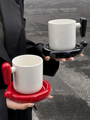 Handmade !? Ceramic Coffee Mug with Saucer - Unique Cute Funny Novelty Mugs -Mugs- !? Ceramic Coffee Mug-Black Question Mark - INSPECIAL HOME