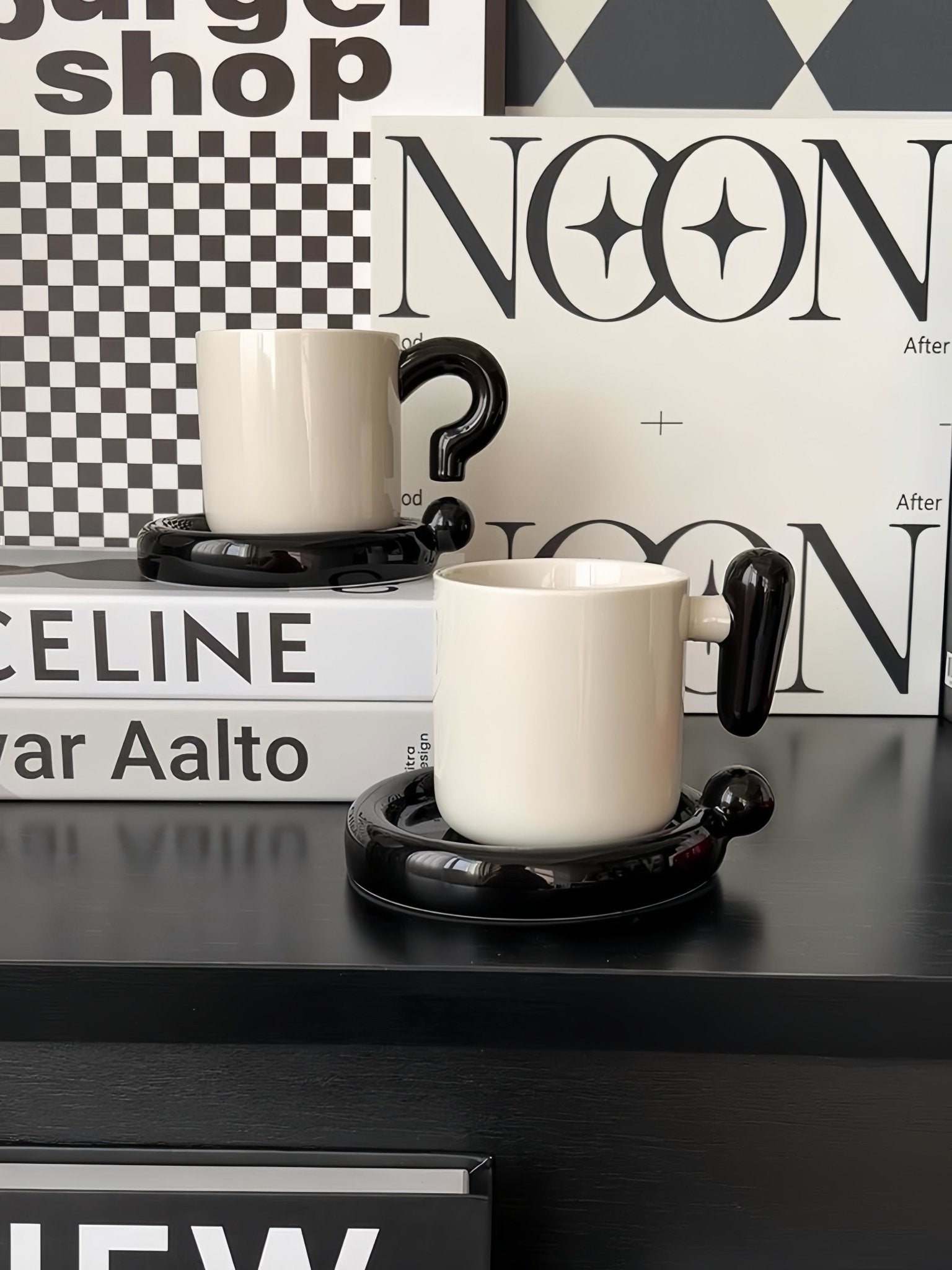 Handmade !? Ceramic Coffee Mug with Saucer - Unique Cute Funny Novelty Mugs -Mugs- !? Ceramic Coffee Mug-Black Question Mark - INSPECIAL HOME