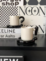 Handmade !? Ceramic Coffee Mug with Saucer - Unique Cute Funny Novelty Mugs -Mugs- !? Ceramic Coffee Mug-Black Question Mark - INSPECIAL HOME