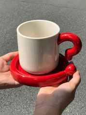 Handmade !? Ceramic Coffee Mug with Saucer - Unique Cute Funny Novelty Mugs -Mugs- !? Ceramic Coffee Mug-Red Question Mark - INSPECIAL HOME