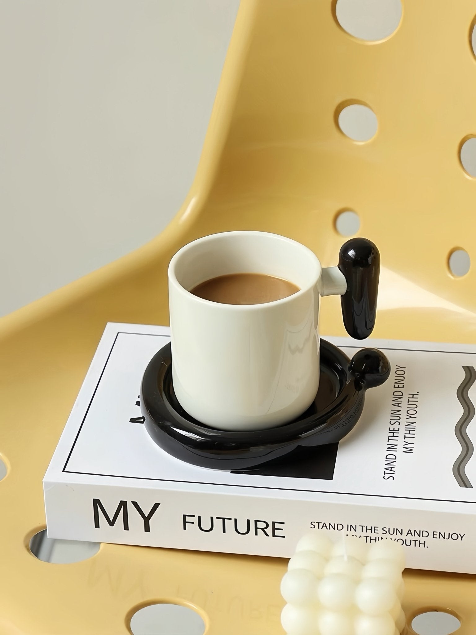 Handmade !? Ceramic Coffee Mug with Saucer - Unique Cute Funny Novelty Mugs -Mugs- !? Ceramic Coffee Mug with Saucer-Black Exclamation Mark - INSPECIAL HOME