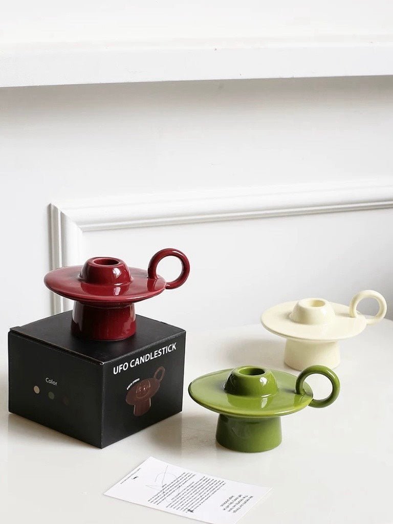 Handmade Ceramic UFO Candle Holder, Retro Table Decor - Candle Holders - UFO Candle Holder-Red - INSPECIAL HOME