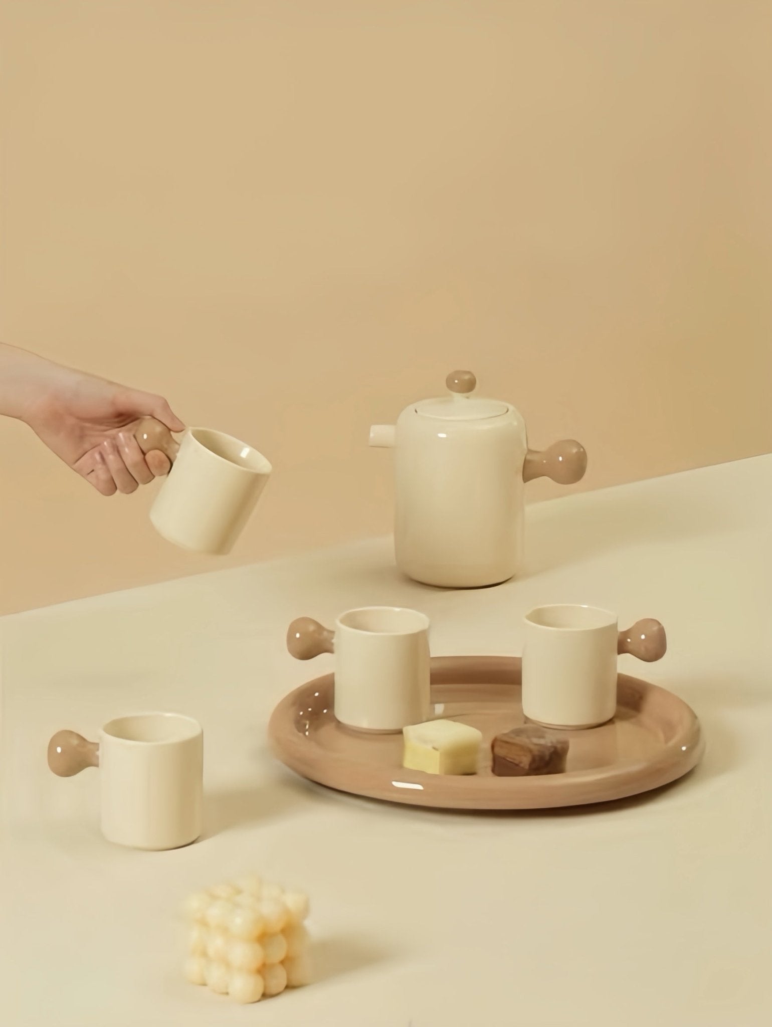 Handmade Cute Whimsical Dopamine Creamy Toffee Tea Pot & Tea Cups Set Of 8 Pcs - Coffee & Tea Cups - Creamy Bauhaus Tea Set Gift Box - Caramel - INSPECIAL HOME