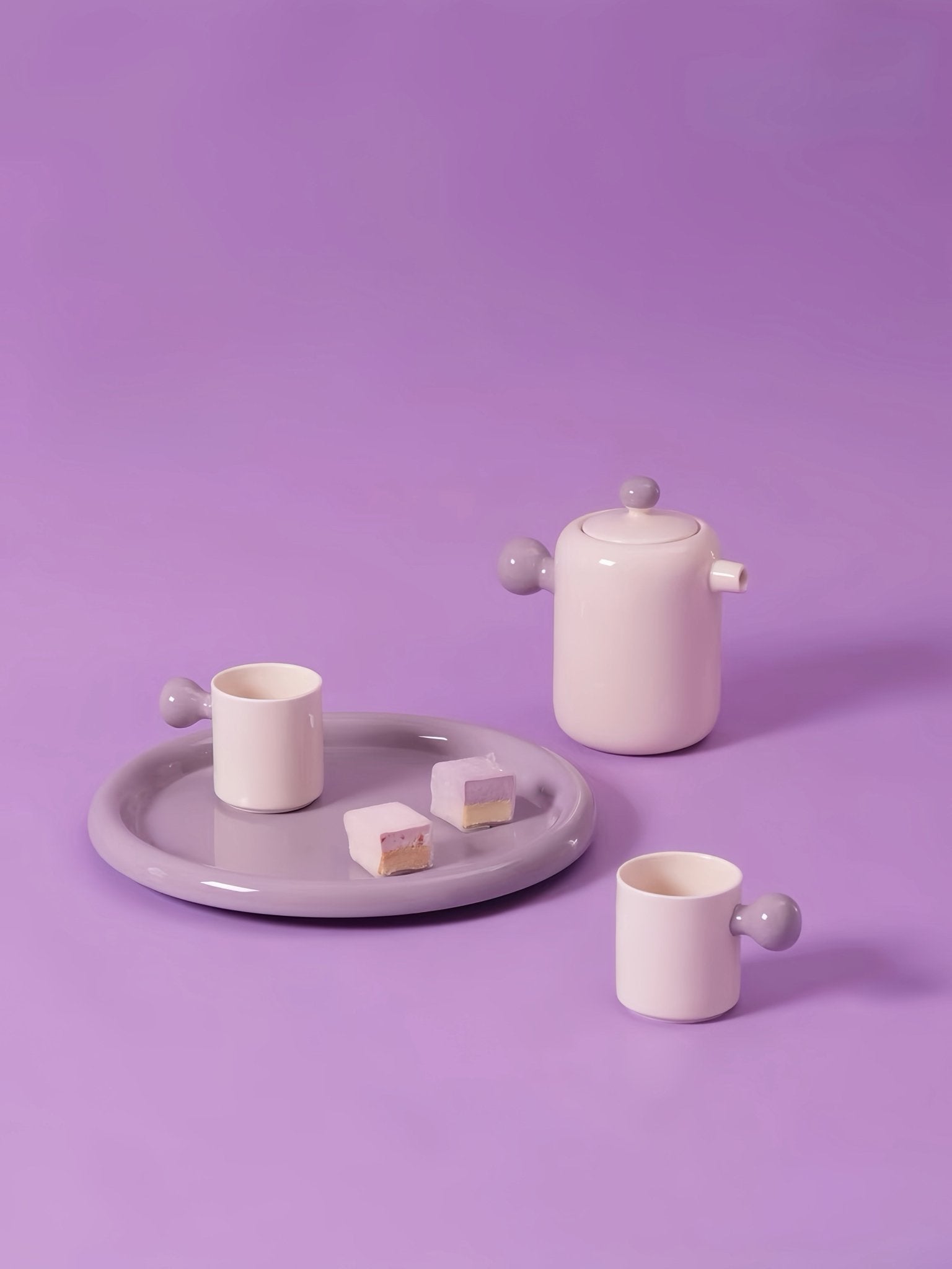 Handmade Cute Whimsical Dopamine Creamy Toffee Tea Pot & Tea Cups Set Of 8 Pcs - Coffee & Tea Cups - Creamy Bauhaus Tea Set Gift Box - Berry - INSPECIAL HOME