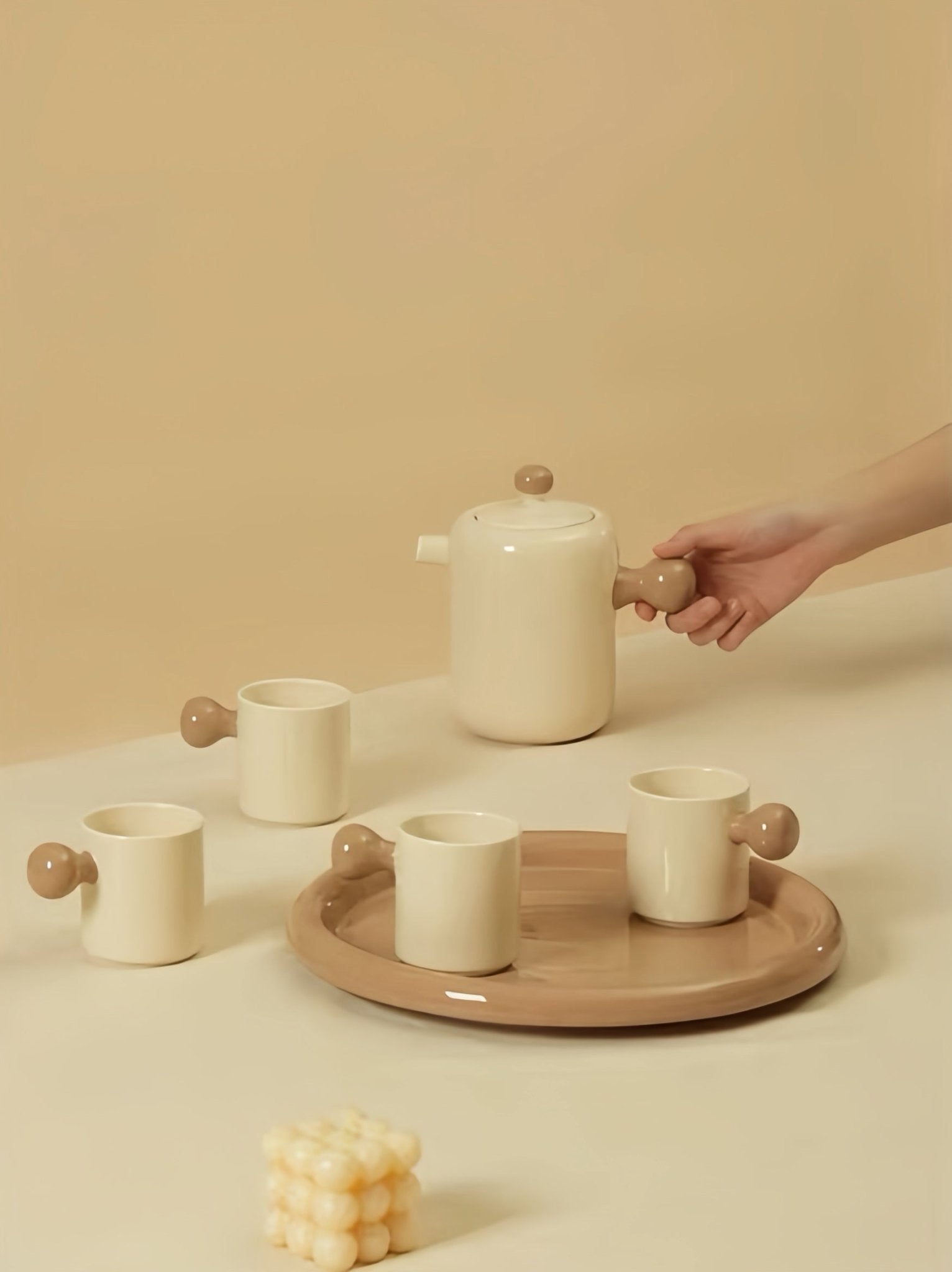 Handmade Cute Whimsical Dopamine Creamy Toffee Tea Pot & Tea Cups Set Of 8 Pcs - Coffee & Tea Cups - Creamy Bauhaus Tea Set Gift Box - Caramel - INSPECIAL HOME