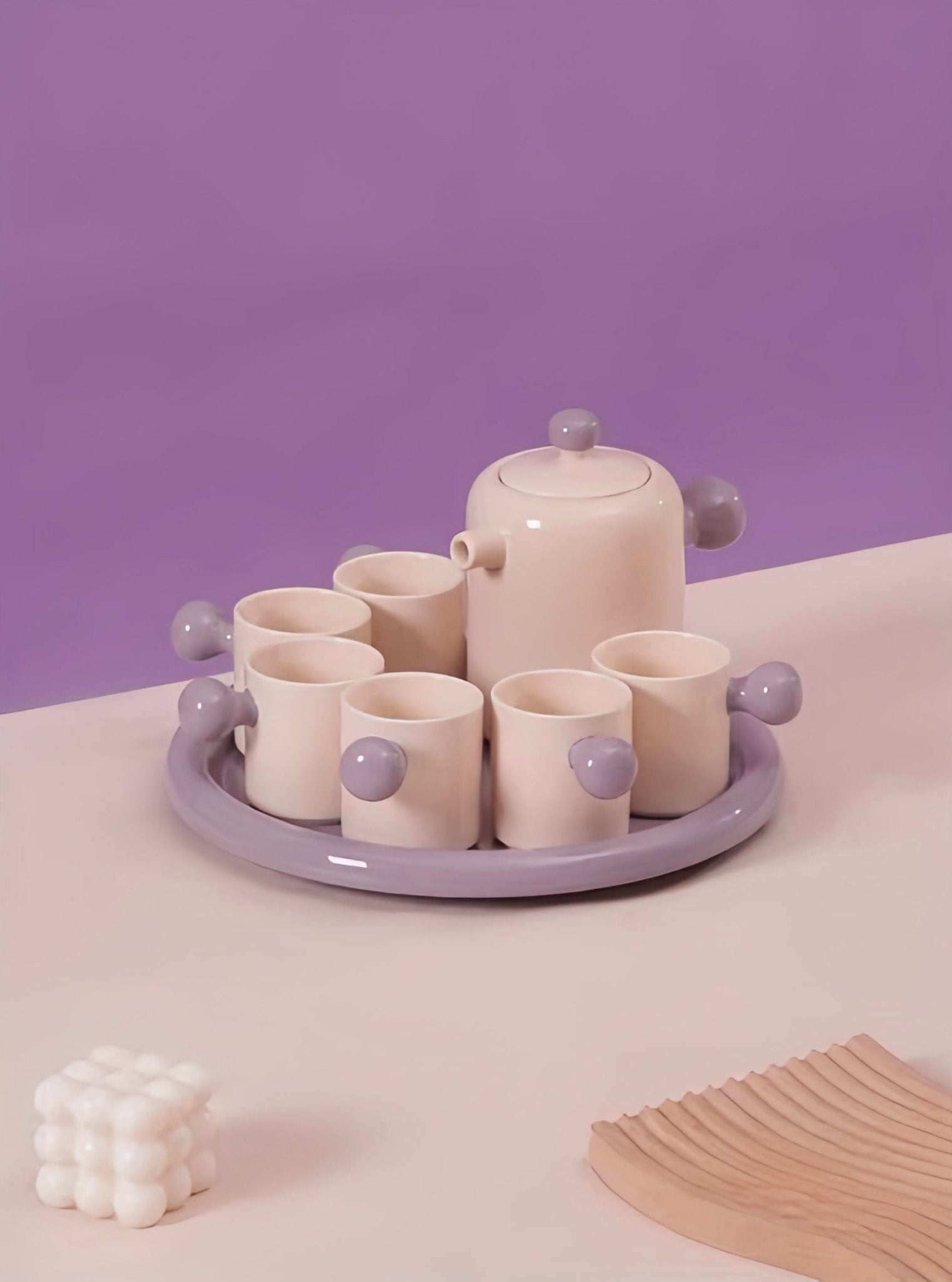 Handmade Cute Whimsical Dopamine Creamy Toffee Tea Pot & Tea Cups Set Of 8 Pcs - Coffee & Tea Cups - Creamy Bauhaus Tea Set Gift Box - Berry - INSPECIAL HOME