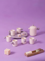Handmade Cute Whimsical Dopamine Creamy Toffee Tea Pot & Tea Cups Set Of 8 Pcs - Coffee & Tea Cups - Creamy Bauhaus Tea Set Gift Box - Berry - INSPECIAL HOME
