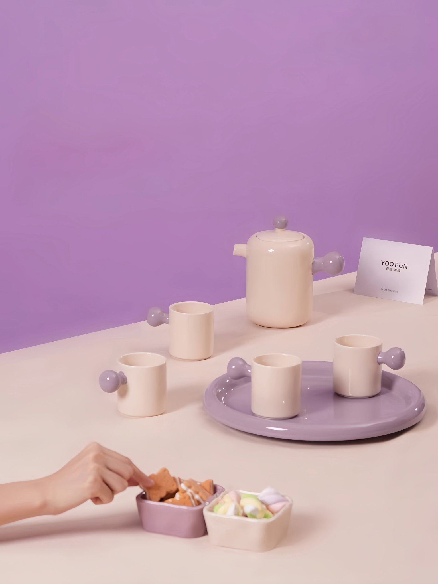 Handmade Cute Whimsical Dopamine Creamy Toffee Tea Pot & Tea Cups Set Of 8 Pcs - Coffee & Tea Cups - Creamy Bauhaus Tea Set Gift Box - Berry - INSPECIAL HOME