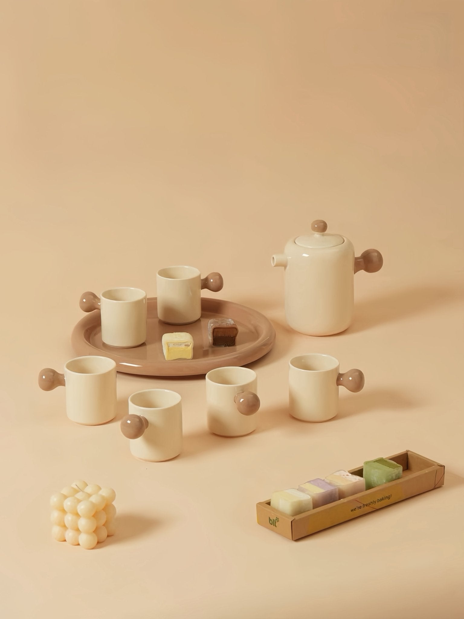 Handmade Cute Whimsical Dopamine Creamy Toffee Tea Pot & Tea Cups Set Of 8 Pcs - Coffee & Tea Cups - Creamy Bauhaus Tea Set Gift Box - Caramel - INSPECIAL HOME