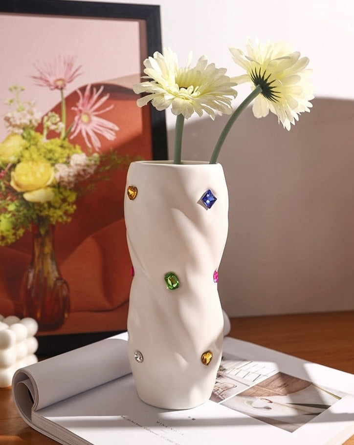 Handmade Ceramic Gemstone Twsity Vase - Handmade Ceramic Gemstone Twsity Vase - White - INSPECIAL HOME