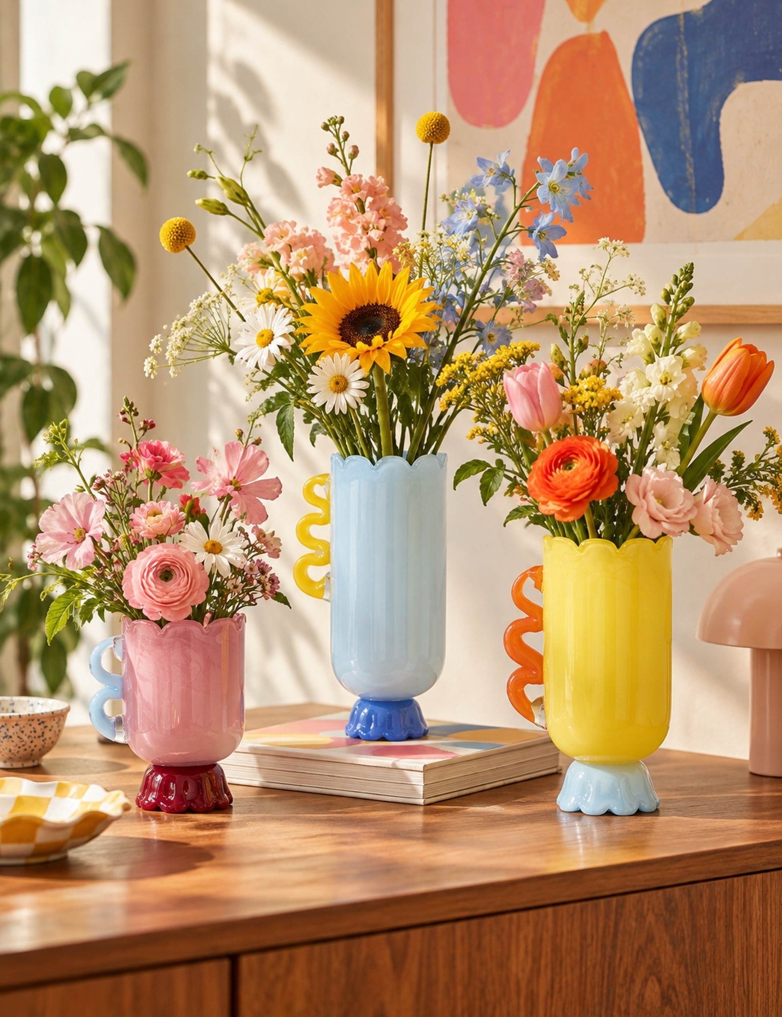 Happy Blooms Glass Flower Vase with handle, Colorful Playful Decorative Accent for Modern Home Decor, Living Room Sideboards, Entryway Consoles, Bedroom Nightstands and Table Centerpieces -Vases- Happy Blooms Glass Flower Vase(with handle)-Pink - INSPECIAL HOME