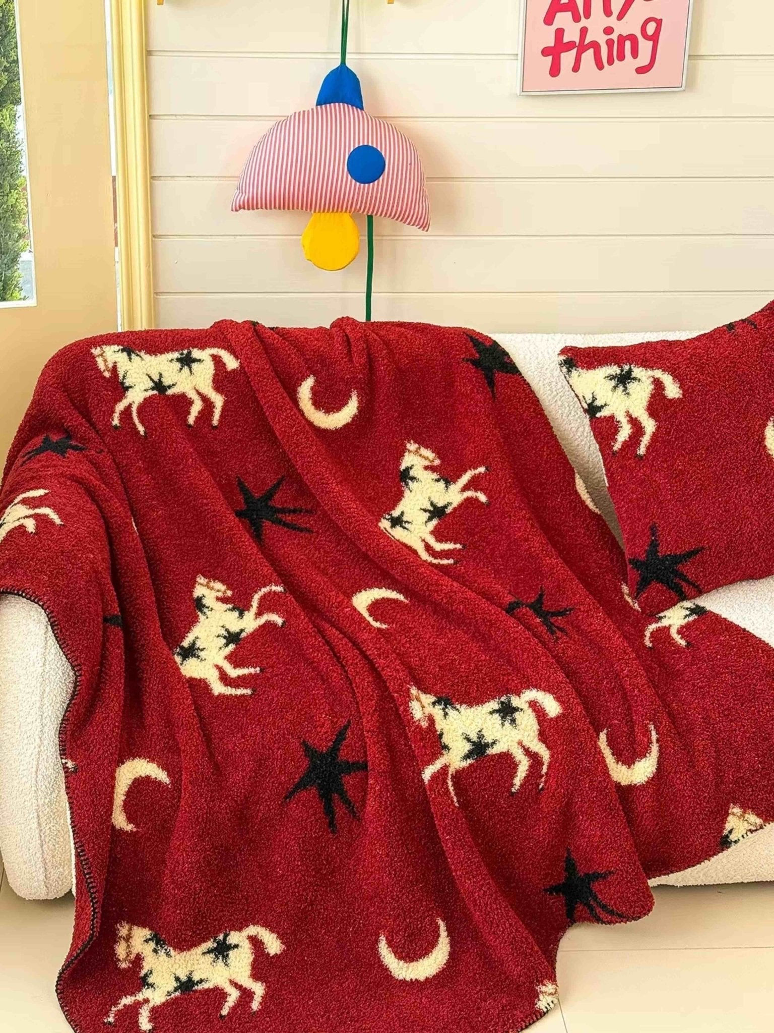 Moonlit Gallop Throw Blanket, Retro Soft & Fluffy Sofa Throw for Cozy Living Room Decor -Throw Blanket- Moonlit Gallop Throw Blanket-Burgundy - INSPECIAL HOME