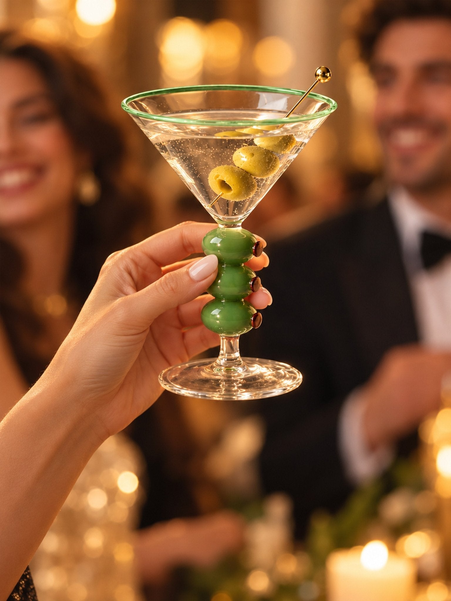 Olive Trio Martini Glasses Set of 4, Playful Sculptural Barware with Green Accents for Home Bars and Dinner Parties -martini glass- Olive Trio Martini Glasses Set of 4 - INSPECIAL HOME