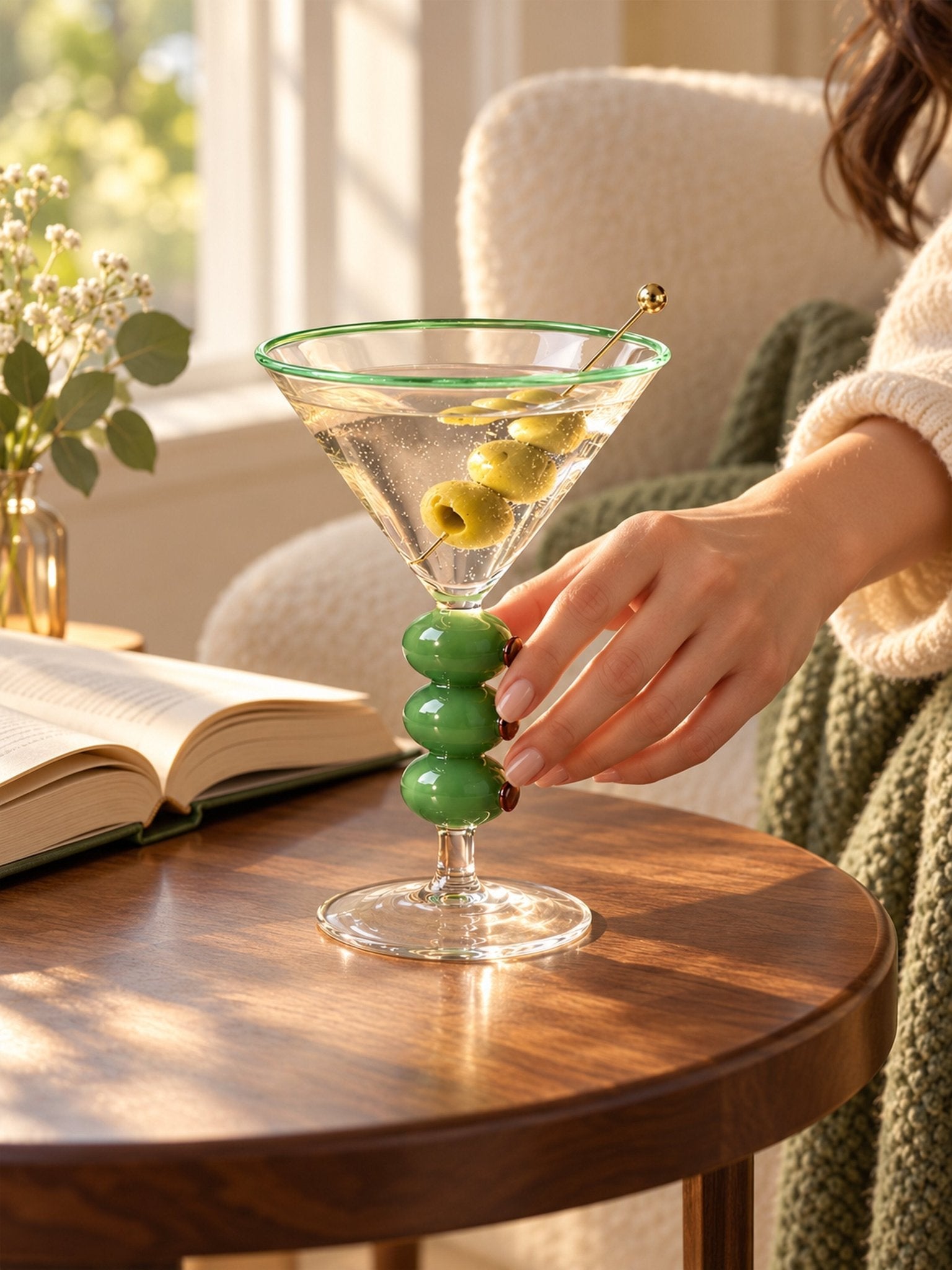 Olive Trio Martini Glasses Set of 4, Playful Sculptural Barware with Green Accents for Home Bars and Dinner Parties -martini glass- Olive Trio Martini Glasses Set of 4 - INSPECIAL HOME