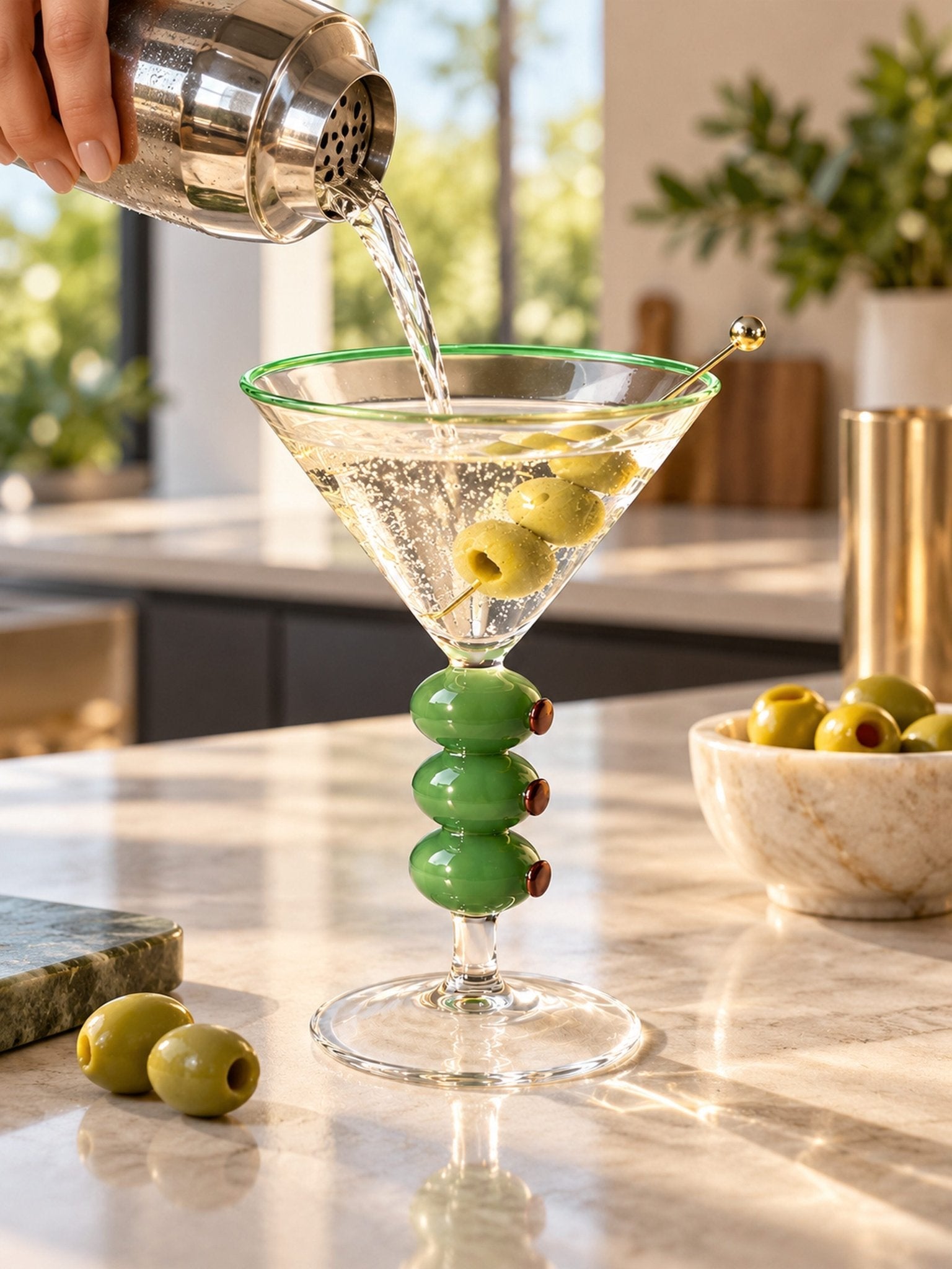 Olive Trio Martini Glasses Set of 4, Playful Sculptural Barware with Green Accents for Home Bars and Dinner Parties -martini glass- Olive Trio Martini Glasses Set of 4 - INSPECIAL HOME